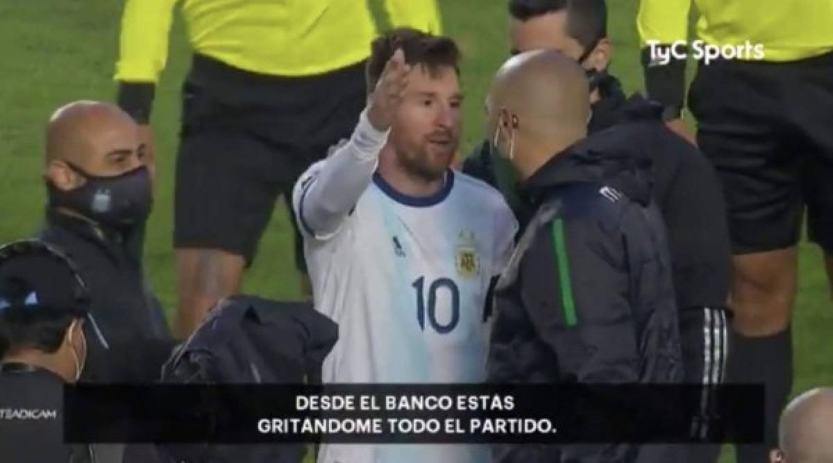 “¿Qué te pasa, pelado? Estuviste gritando todo el partido, ¿para qué hacés quilombo? Desde el banco estás gritando...”, fueron las primeras quejas de Messi sobre el preparador físico de Bolivia, Lucas Nava.