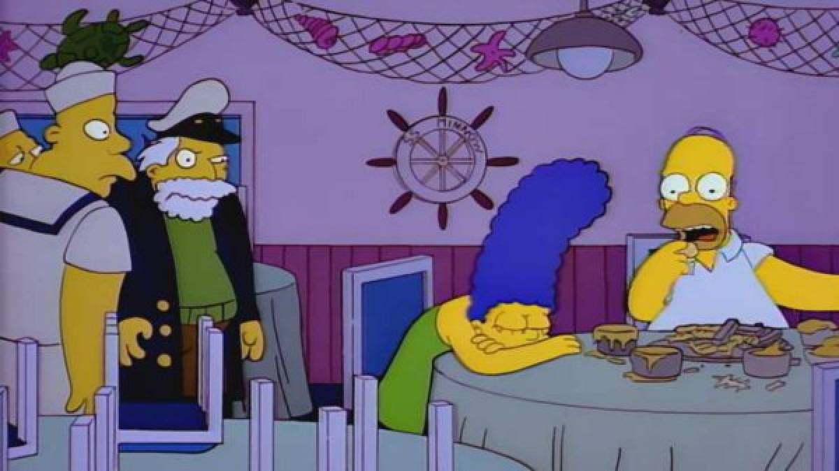 Falsa publicidad de restaurante de mariscos con bufé libre<br/><br/>Fecha de emisión original: 12 de noviembre de 1992<br/>Fecha en la que se volvió realidad: 15 de mayo de 2012<br/><br/>En un episodio de la 4.ª temporada, Homero es expulsado del restaurante del capitán McCallister por comer demasiado en el bufé libre, por lo que decide demandar al establecimiento por publicidad engañosa. Veinte años más tarde, un hombre de Wisconsin fue expulsado de una casa de venta de pescado frito con bufé libre por haber comido 12 piezas. Posteriormente, el hombre realizó un piquete en el restaurante y lo acusó de hacer publicidad engañosa.<br/>
