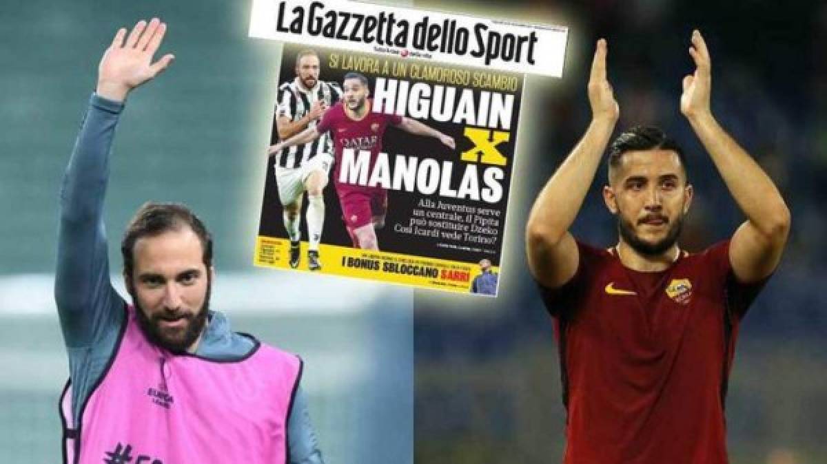 La Gazzetta dello Sport anuncia en su portada de hoy el posible trueque Higuaín-Manolas entre la Juventus y la Roma. El delantero argentino podría ser el reemplazo de Dzeko, mientras que el defensa griego llegaría para reforzar el eje de la zaga de la Vecchia Signora.