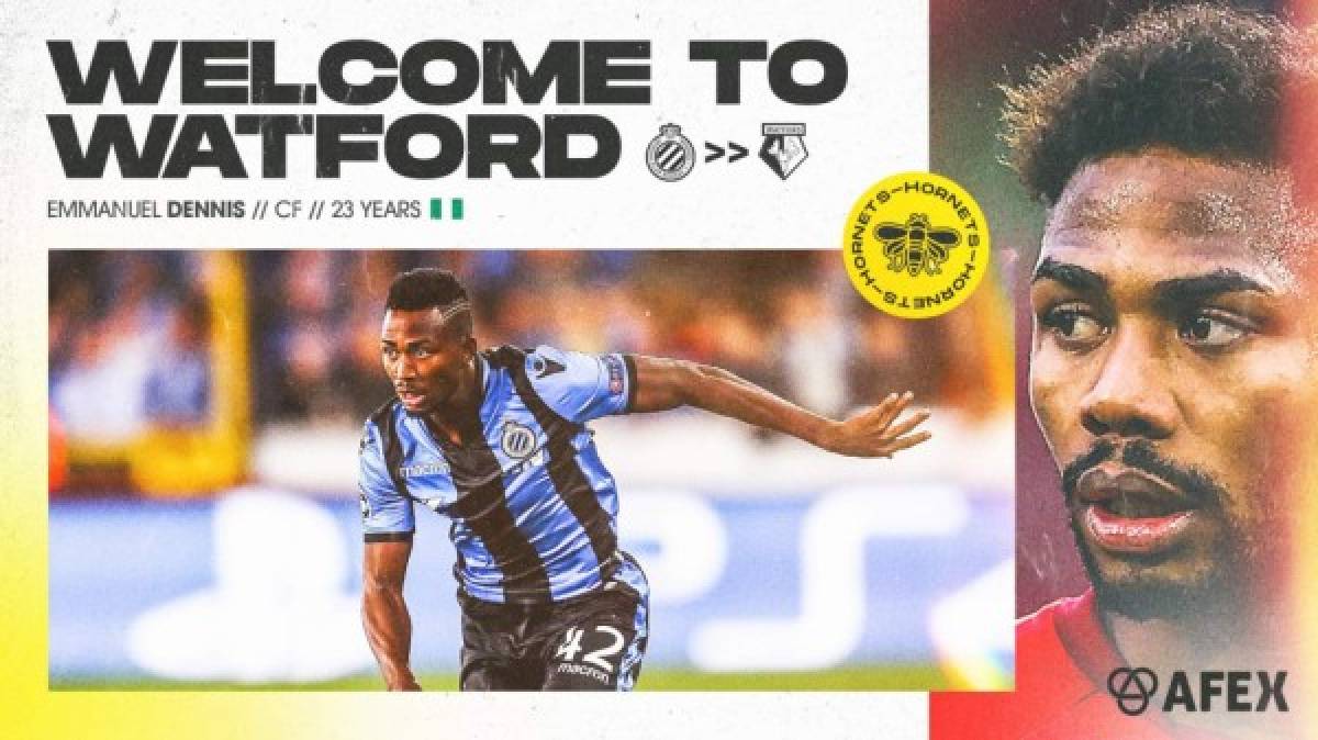 El Watford de la Premier League de Inglaterra anunció el fichaje del atacante nigeriano Emmanuel Dennis, llega procedente del Brujas de Bélgica. El atacante de 23 años ha anotado 27 goles en 90 partidos con el club belga. Foto Twitter Watford.