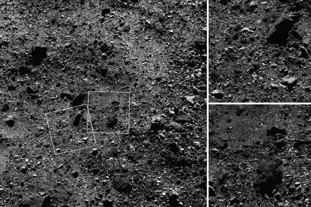 Fotografía cedida por la NASA de tres imágenes del hemisferio norte del asteroide Bennu.