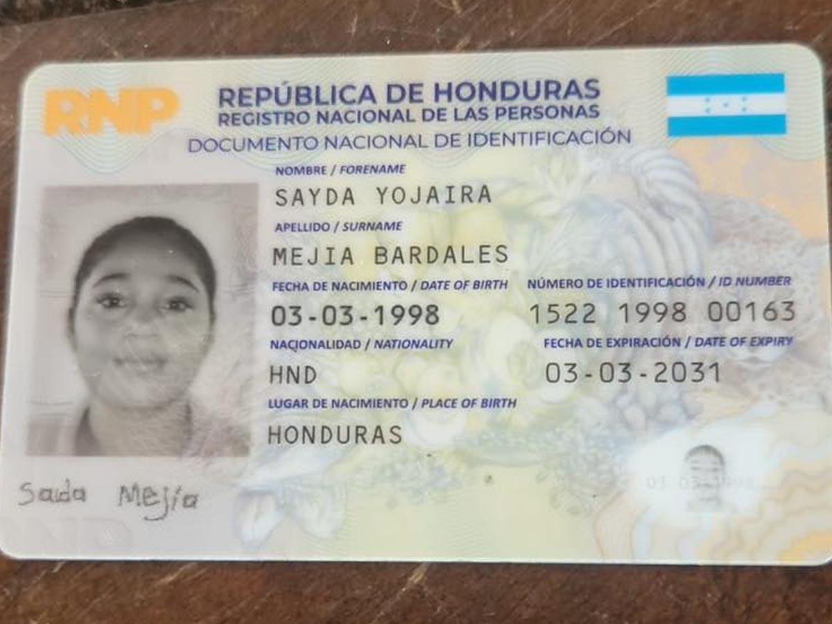 Documento de identidad de Sayda Yojaira Mejía Bardales.