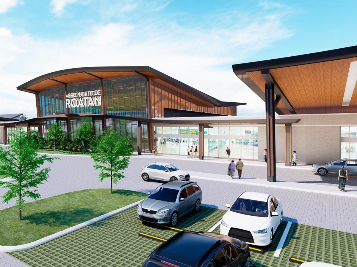 Este render de diseño arquitectónico muestra el estilo isleño y tropical que tendrá la fachada del aeropuerto de Roatán.