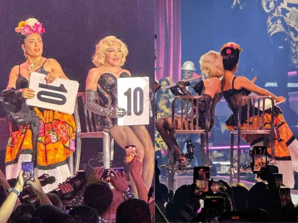 Salma Hayek sube al escenario junto a Madonna vestida de Frida Kahlo