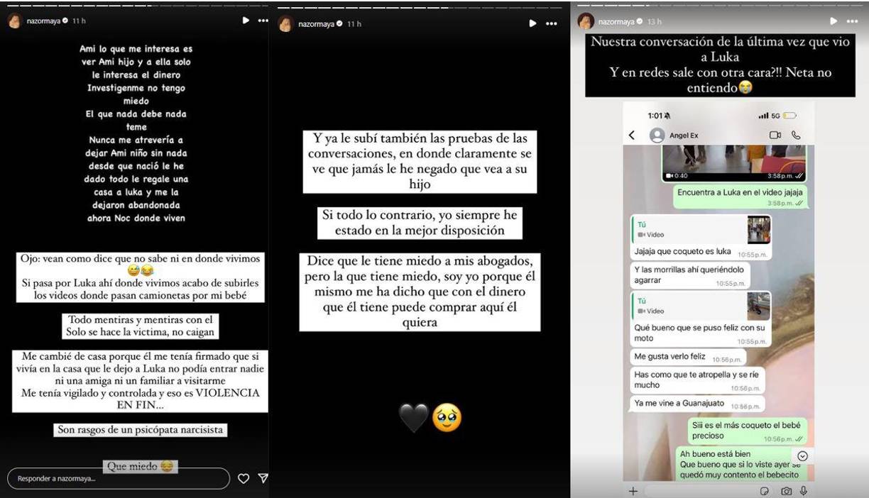 “La captura que él tiene de esos 250 mil pesos fue del mes pasado, pero les recuerdo que debe cumplir con una pensión alimenticia mensualmente, él no ha dado dinero este mes, no dio dinero hace dos, tres, cuatro, cinco meses, no me ha estado dando dinero desde que nos separamos y salió el chisme de que me daba 200 mil pesos, es completamente falso, no me daba ni un peso. Él quiere ejercer violencia económica y no necesito pensión, pero como mamá voy a defender a mi hijo” “La captura que él tiene de esos 250 mil pesos fue del mes pasado, pero les recuerdo que debe cumplir con una pensión alimenticia mensualmente, él no ha dado dinero este mes, no dio dinero hace dos, tres, cuatro, cinco meses, no me ha estado dando dinero desde que nos separamos y salió el chisme de que me daba 200 mil pesos, es completamente falso, no me daba ni un peso. Él quiere ejercer violencia económica y no necesito pensión, pero como mamá voy a defender a mi hijo”