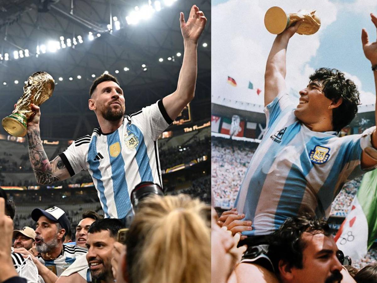 La icónica imagen de Messi alzando la Copa del Mundo en el estadio Lusail, emulando a lo que hizo Maradona en el Azteca en 1986.