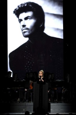 LOS ANGELES, CA - FEBRUARY 12: An image of the late George Michael is projected on a video screen while recording artist Adele performs onstage during The 59th GRAMMY Awards at STAPLES Center on February 12, 2017 in Los Angeles, California. Kevin Winter/Getty Images for NARAS/AFP