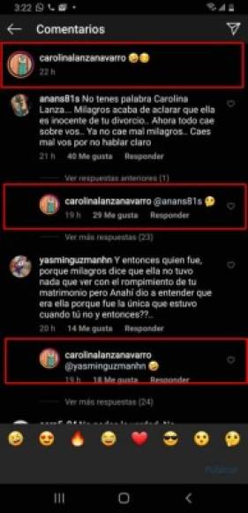 Finalmente, la periodista reaccionó a quienes le preguntaban si Milagro decía la verdad. Una captura de pantalla muestra las respuestas de Lanza, en las que se limitó a usar emojis de risa y duda.