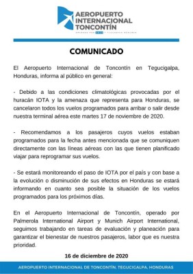 Cancelan vuelos en el Aeropuerto Toncontín debido al huracán Iota