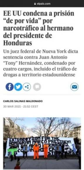 Diario El País de España: EEUU condena a prisión 'de por vida' por narcotráfico al hermano del presidente de Honduras.