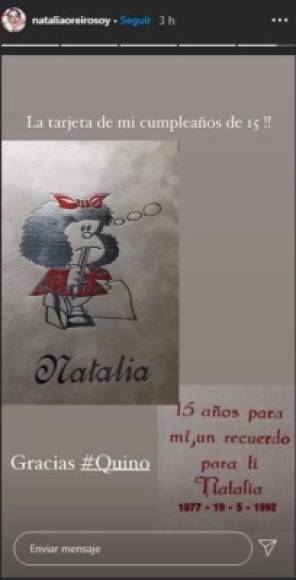 La protagonista de 'Muñeca Brava' compartió la foto de una tarjeta que recibió cuando cumplió 15 años, en la cual aparece la caricatura de Mafalda. 'La tarjeta de mi cumpleaños de 15. Gracias Quino', agregó Oreiro.