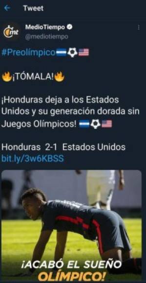 Medio Tiempo: El portal mexicano destacó que Honduras dejó sin Juegos Olímpicos a EUA.