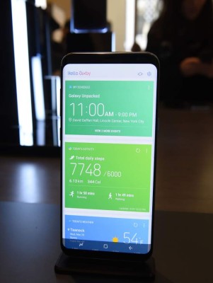(FILES) This file photo taken on March 29, 2017 shows a view of the new Samsung Galaxy S8, incorporating its virtual assistant Bixby, at its launch event on March 29, 2017 in New York.Bixby is the new kid on the block of personal digital assistants and is likely to face a rough reception in a neighborhood dominated by tech sector rivals. The latest personal digital assistant distinguishes itself from competitors by using voice commands rather than touch to control handsets or applications, factoring in location awareness and image recognition. / AFP PHOTO / Timothy A. CLARY / TO GO WITH AFP STORY by Rob Lever, US IT lifestyle technology