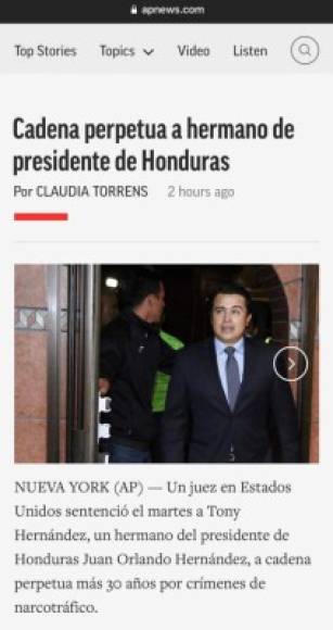 Agencia de noticias Associated Press (AP): Cadena perpetua a hermano de presidente de Honduras.