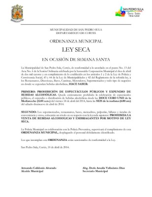 Ley Seca para Semana Santa 2014 en San Pedro Sula