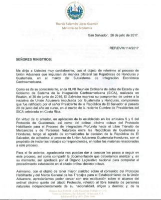 El Salvador hace formal solicitud de adhesión a la Unión Aduanera