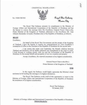El Reino de Tailandia respalda al Gobierno de Juan Orlando Hernández