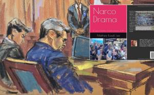 Dibujo que muestra a Juan Orlando Hernández en juicio y el libro “Narco Drama” de Matthew Russell Lee.