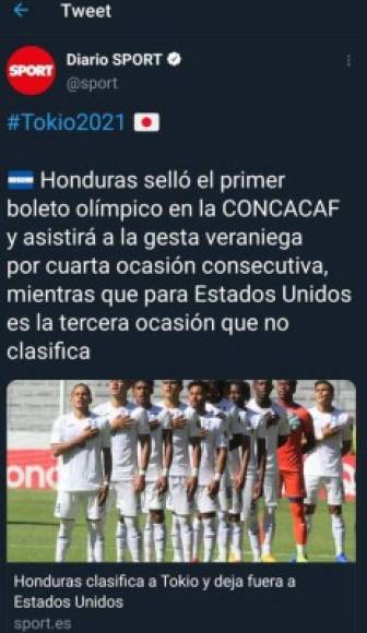 Diario Sport de España destacó la clasificación de Honduras a los Juegos Olímpicos de Tokio.