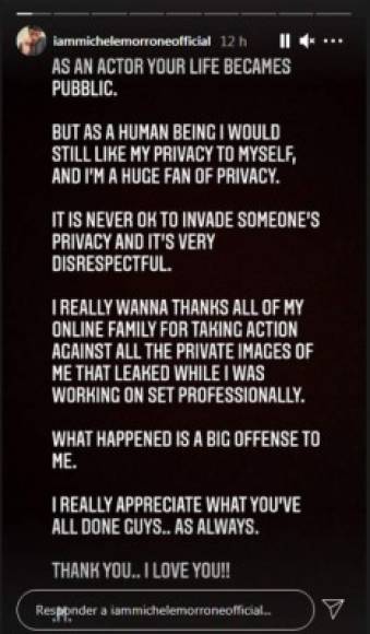 'Como actor, tu vida se vuelve pública. Pero como ser humano, aún me gustaría proteger la mía. Y soy un gran fan de la privacidad. Nunca está bien invadir la de otra persona y resulta una falta absoluta de respeto', ha afirmado en un comunicado difundido a través de sus Stories de Instagram.
