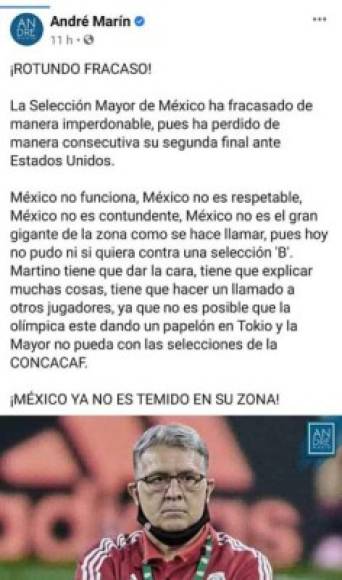 André Marín en sus redes sociales señaló de fracaso lo realizado por México en la Copa Oro.