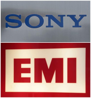 (FILES) These two file photos show at top the logo of Japan's electric giant Sony in front of their headquarters in Tokyo, Japan on April 28, 2017, and at bottom the logo of British music publisher EMI outside its headquarters in London, Englnd on January 15, 2008. Japanese entertainment giant Sony on May 22, 2018 announced a deal to acquire the music publishing firm and record label EMI for a price of around $1.9 billion. Sony signed a deal with Abu Dhabi-based investment firm Mubadala to buy its 60 percent holding in EMI, giving the Japanese firm an indirect stake of approximately 90 percent, Sony said in a statement. / AFP PHOTO / Toru YAMANAKA AND Shaun CURRY