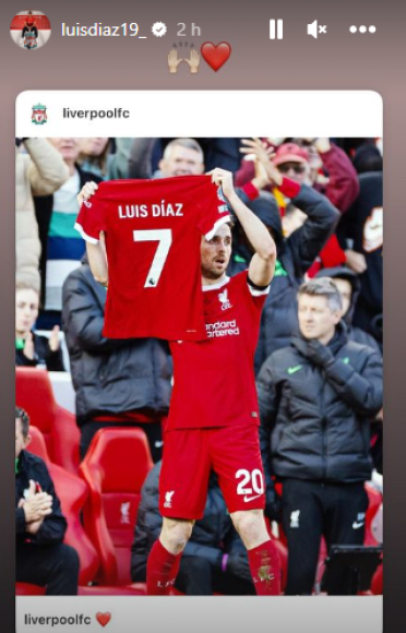 Minutos después, “Lucho” Díaz reposteó en Instagram una historia de la cuenta oficial de su club con la imagen de Jota.