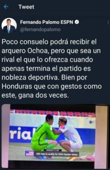 Fernando Palomo: El periodista de ESPN destacó el gesto del hondureño Luis Palma ya que fue a consolar al portero de EUA que estaba destrozado.