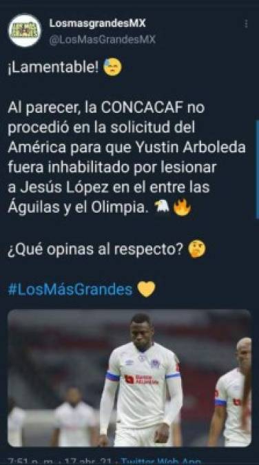 Los seguidores del América han reaccionado molestos ya que Concacaf no castigará a Yustin Arboleda.