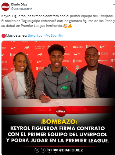 “¡BOMBAZO! Liverpool anuncia que el hondureño Keyrol Figueroa firma su primer contrato como profesional con el equipo inglés”, comentó Gustavo Roca, periodista de DIEZ.