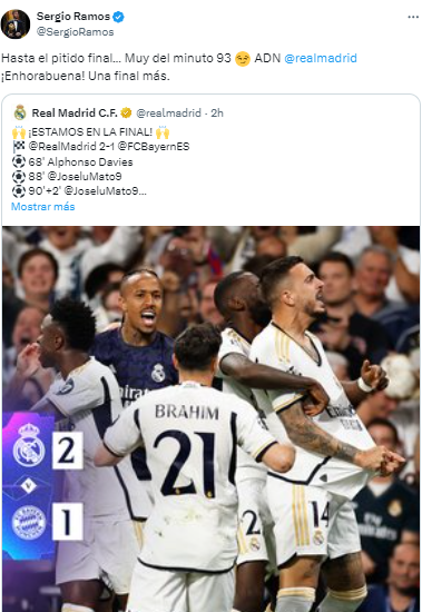 “Hasta el pitido final... Muy del minuto 93 ADN. ¡Enhorabuena! Una final más”, publicó Sergio Ramos, exjugador del Real Madrid.