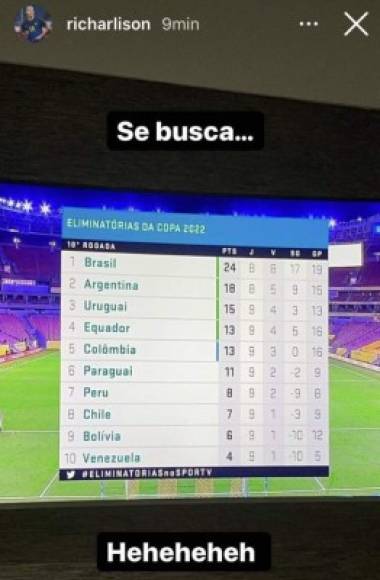 Richarlison, delantero de la Selección de Brasil, publicó un provocador mensaje con una imagen de la tabla de posiciones de la eliminatoria, con el equipo de Tite con puntaje ideal y líder, Argentina es segunda. 'Se busca, je, je, je', escribió.