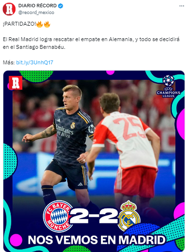 “El Real Madrid logra rescatar el empate en Alemania, y todo se decidirá en el Santiago Bernabéu”, Diario Récord de México.