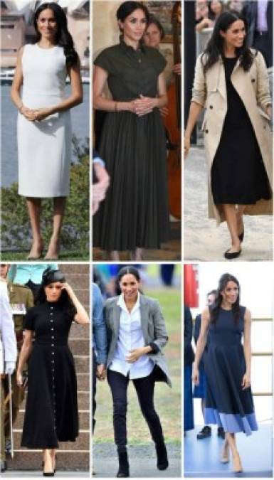 AUSTRALIA<br/><br/>Durante sus primeras apariciones tras dar a conocer su embarazo Meghan optó por modelos simples como el vestido blanco de Karen Gee y el verde de Brandon Maxwell o la chaqueta de cuadros parte de la línea de ropa de su amiga Serena Williams.<br/>