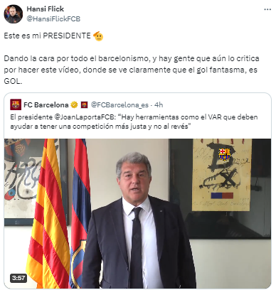“Este es mi presidente...Dando la cara por todo el barcelonismo, y hay gente que aún lo critica por hacer este vídeo, donde se ve claramente que el gol fantasma, es GOL”, defendieron los usuarios a Laporta.