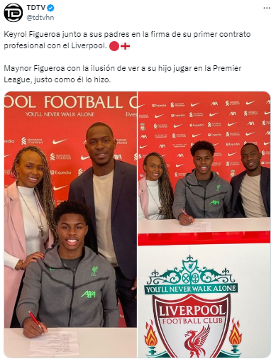 “Maynor Figueroa con la ilusión de ver a su hijo jugar en la Premier League, justo como él lo hizo”, compartió TDTV.