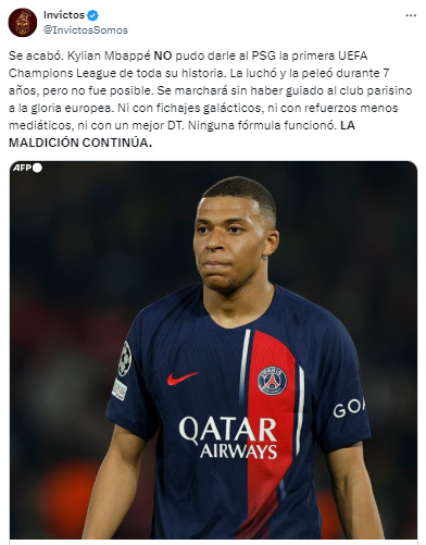 “Se acabó. Kylian Mbappé NO pudo darle al PSG la primera UEFA Champions League de toda su historia. Se marchará sin haber guiado al club parisino a la gloria europea”, comentó Invictos.
