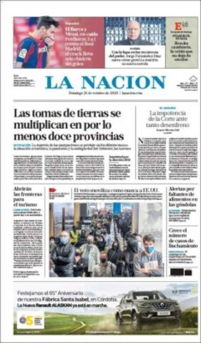 La Nación - 'El Barça y Messi, en caída'. El diario argentino afirma que el crack rosarino 'lleva seis clásicos sin goles'.