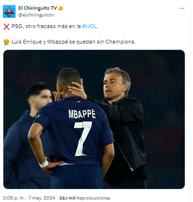 “PSG, otro fracaso más en la #UCL. Luis Enrique y Mbappé se quedan sin Champions”, El Chiringuito de España.