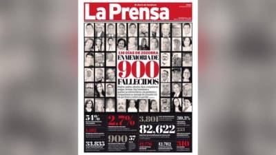 La portada del diario LA PRENSA cuatro meses y nueve días después del inicio de la pandemia en Honduras y cuando el Gobierno ha confirmado 33,835 casos positivos de covid-19 y 900 muertes.