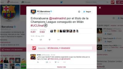 Este es el mensaje que mandó el Barcelona al Real Madrid en Twitter.