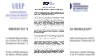 Comunicado de la Unidad Especial Ejecutora de Proyectos (UEEP) y la Unidad Coordinadora de Proyectos (UCP).