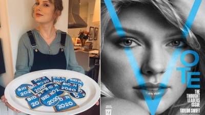 Swift aparece en la portada de la revista V Magazine y en otra instantánea sujetando un plato de galletas decoradas con el logotipo de la candidatura de Biden y Harris.