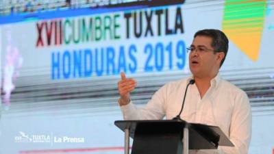 El presidente de Honduras, Juan Orlando Hernández, en su discurso de inauguración en la Cumbre de Tuxtla.