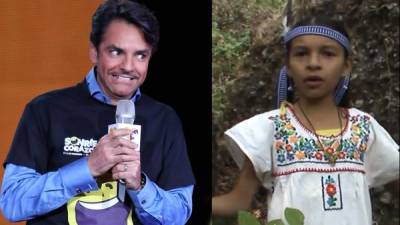 Eugenio Derbez durante la Teletón. En la otra imagen la captura de un video de una niña que reta al actor.