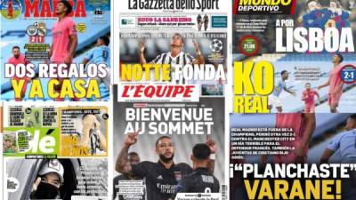 Las portadas de los diarios el día después de la eliminación del Real Madrid en octavos de final de la Champions League contra Manchester City. Varane, el gran señalado por sus errores. También Cristiano Ronaldo y la Juventus quedaron afuera frente al Lyon.