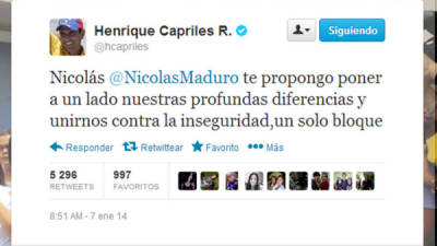 El tuit que envió el líder de la oposición, Henrique Capriles al presidente de Venezuela, Nicolás Maduro.