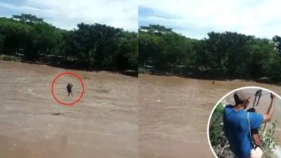 El hombre cruza el Jicatuyo a través de un cable.