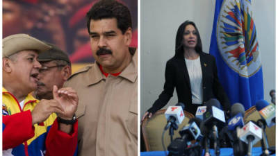 El presidente de Venezuela Nicolás Maduro (i), acompañado del presidente de la Asamablea Nacional (AN), Diosdado Cabello. En la otra imagen la diputada de la oposición, María Corina Machado.