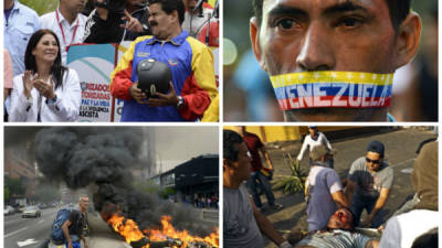 Combo de fotografías donde aparecen el presidente Nicolás Maduro. Un joven que hace una marcha pacífica. Las calles de Caracas y un herido durante las manifestaciones.